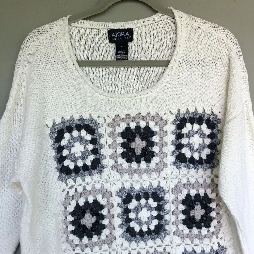 Womens Crochet Granny Square Knit Top M Boho Cottagecore Sweater Y2K Festival